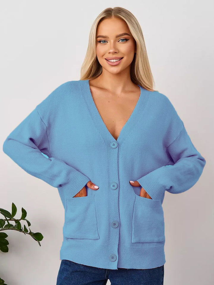 Dame Oversized V-Udskæring Knap-Cardigan med Lommer Stilla