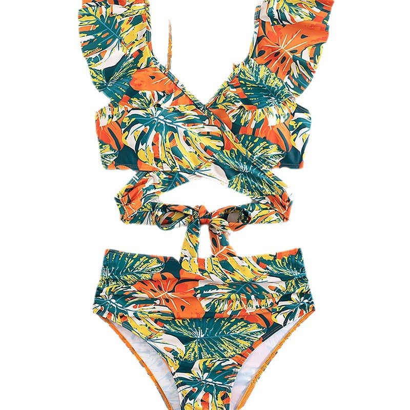 Dame Farverigt, højt skåren bikini-sæt med flæseærmer Stilla