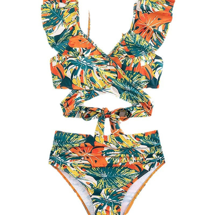 Dame Farverigt, højt skåren bikini-sæt med flæseærmer Stilla