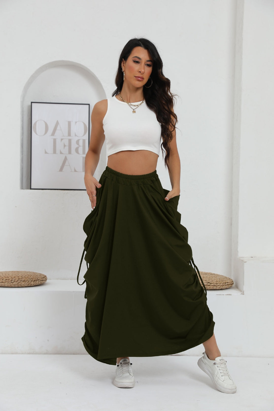 Dame Lang Wrap Skirt med elastisk Talje og Lommer Stilla
