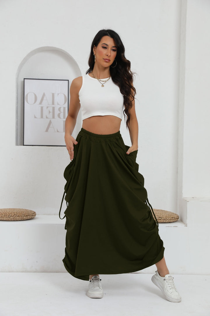 Dame Lang Wrap Skirt med elastisk Talje og Lommer Stilla