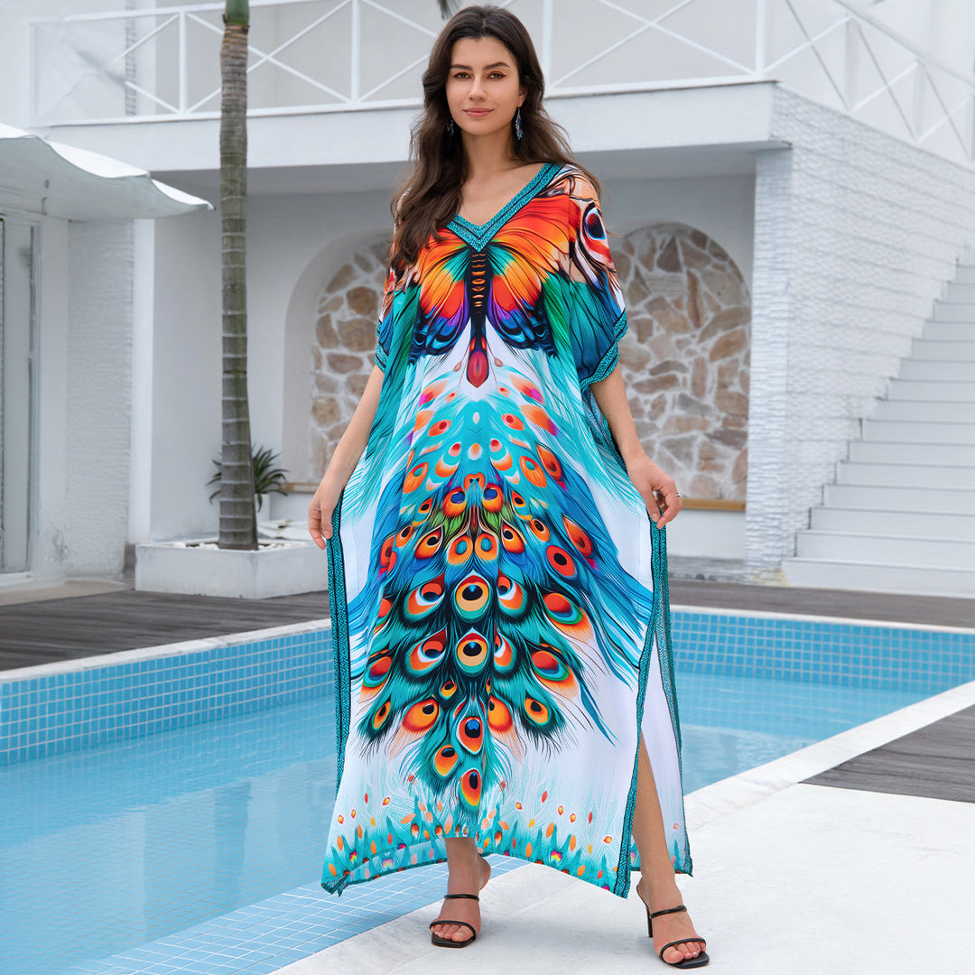 Dame Kaftan med farverigt påfuglmotivet og brede ærmer Stilla