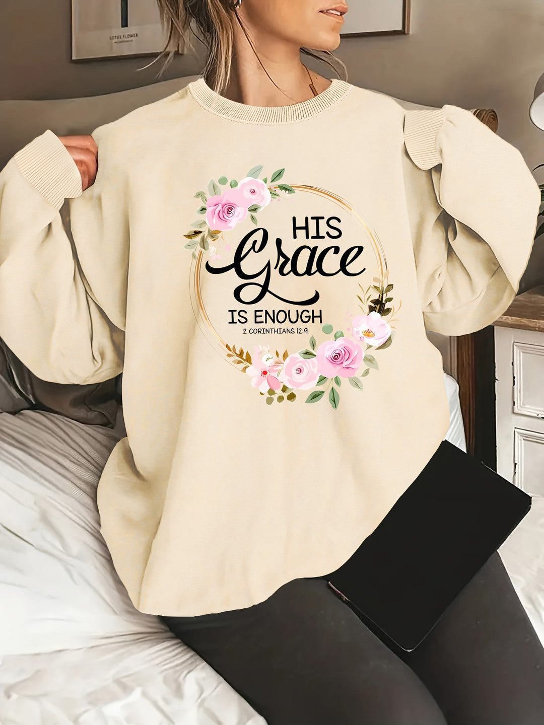 Kvinders sweatshirt med motiverende tekst og blomstermønster Stilla