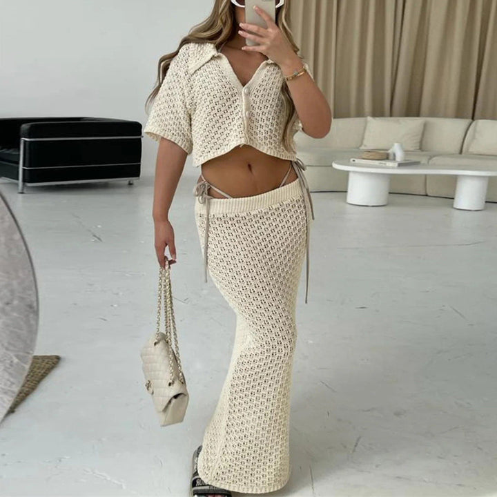 Dame hæklede strandlook med crop-top og maxiskørt Stilla