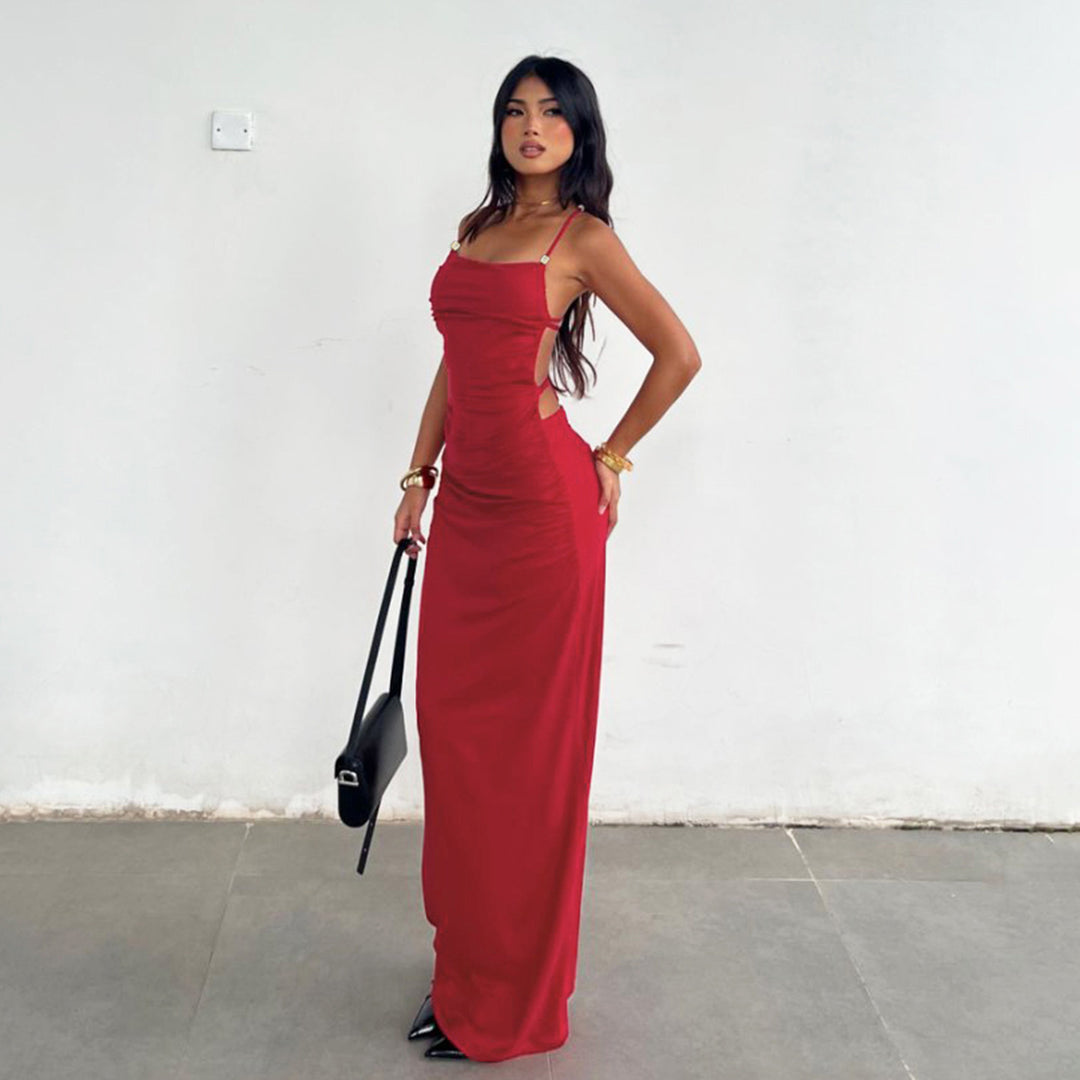 Damen elegantes Maxikleid mit raffinierten Rüschendetails und verstellbaren Trägern Skovae