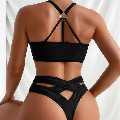 Dame Højskåret Bikini-Sæt med moderigtigt Ryg-design og justerbare Stropper Stilla