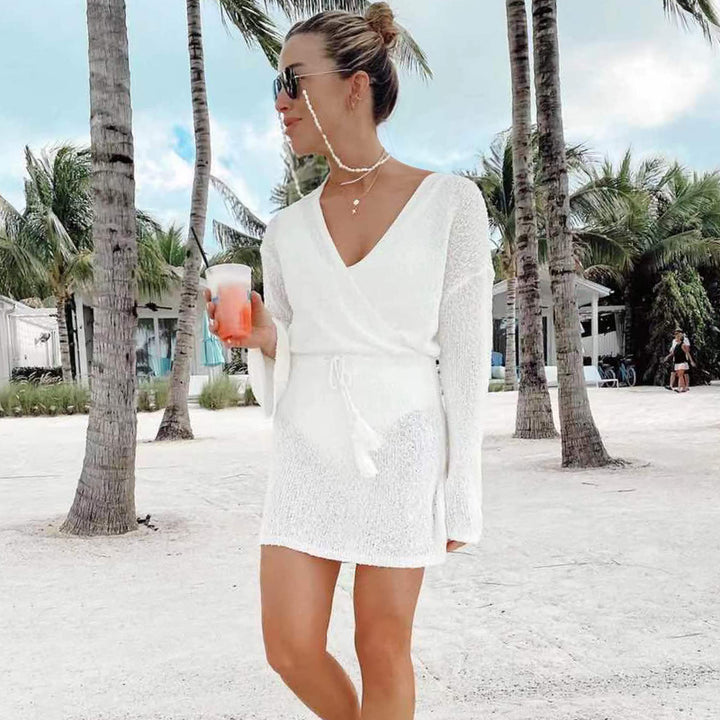 Damer elegant strandkjole med dyb V-udskæring og lange ærmer Stilla