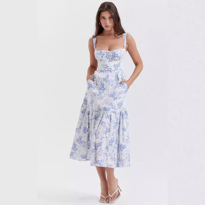 Dame Boho Maxikjole med romantisk blomsterprint og voluminøs skørt Stilla