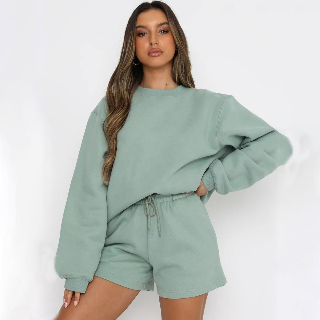 Stilla | Alsidig Casual Rund Hals Sweatshirt Shorts Sæt