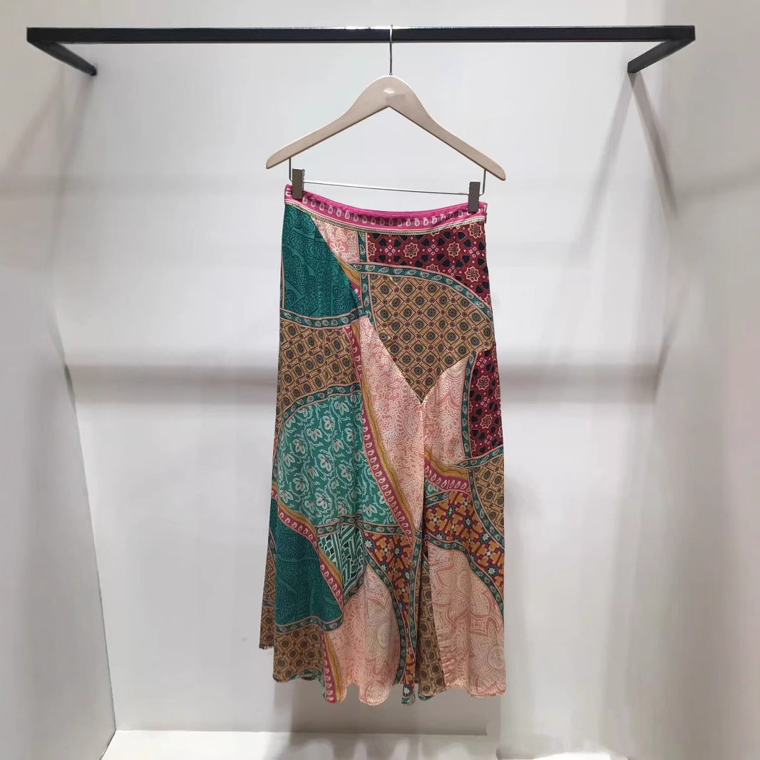 Dame Maxiskørt med kunstnerisk patchwork-design og elastisk talje Stilla