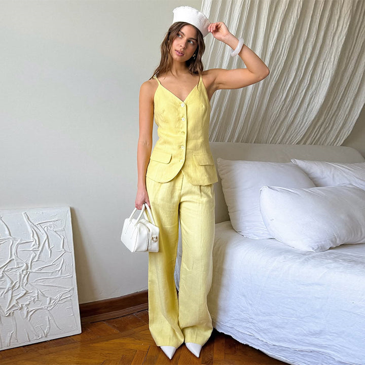 Dame Elegant Linnekostume-Sæt med figursyet overdel og bred bukseben Stilla