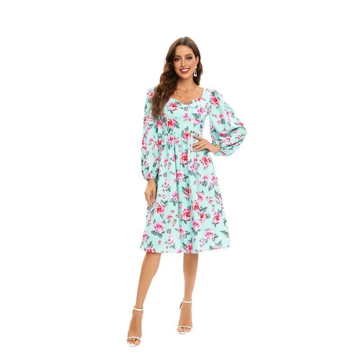 Dame Floral Midi Kjole med Puffærmer Stilla