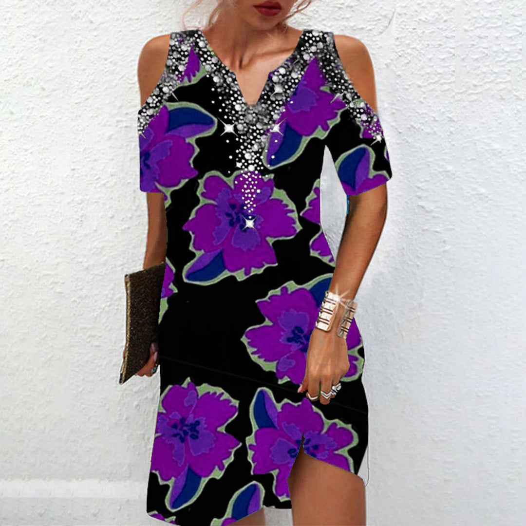 Stilla | Chic Trykt V-Hals Off-Shoulder Mini Kjole