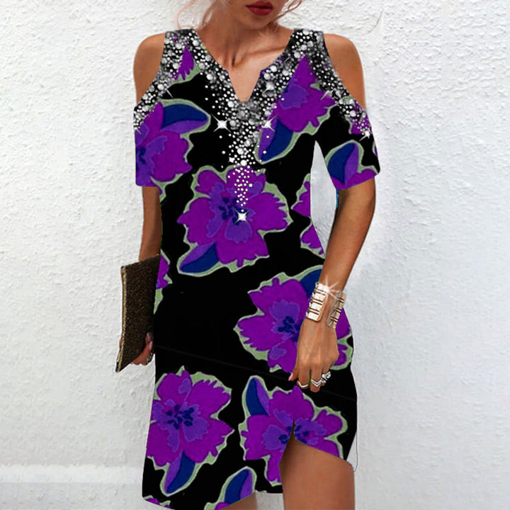 Stilla | Chic Trykt V-Hals Off-Shoulder Mini Kjole