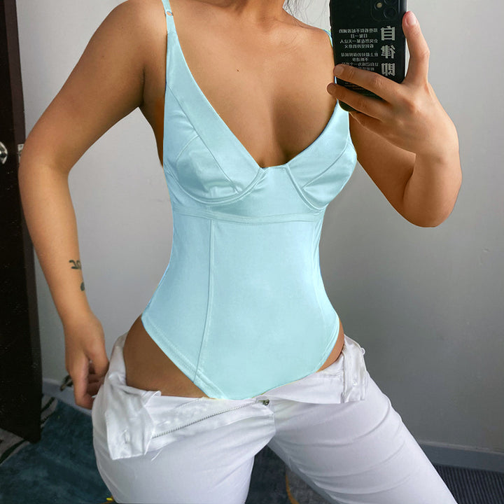 Dame Satin-Bustier-Top med dyb V-udskæring og elegant pasform Skovae