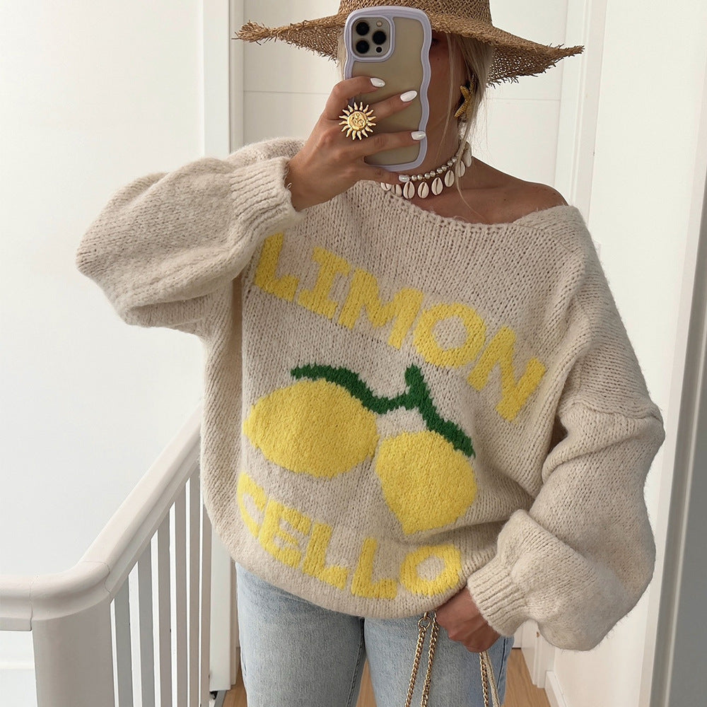 Dame strikjakke med muntert citrondesign og oversized snit Stilla
