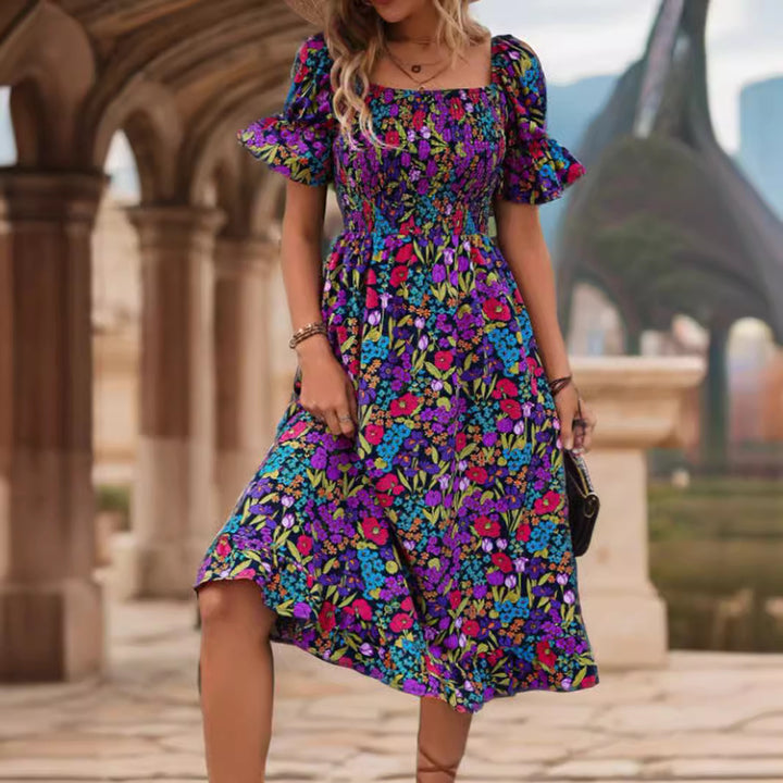 Dame Off-Shoulder Midi-Kjole med blomster mønstre og flæse detaljer Stilla
