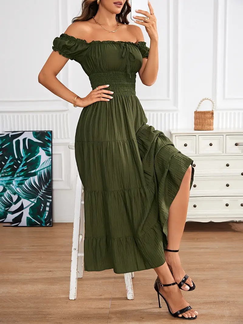 Stilla | Lang Kjole Med Bare Skuldre Luftig Sommerkjole Med Smocket Talje Og Elegant A-Linje