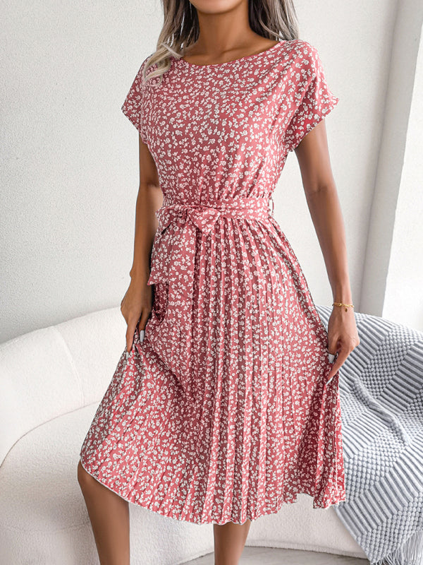 Stilla | Midi Kjole Med Bånd Og Blomsterprint Rund Hals Trapez