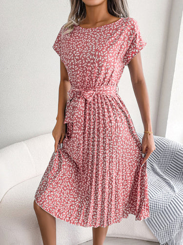 Stilla | Midi Kjole Med Bånd Og Blomsterprint Rund Hals Trapez