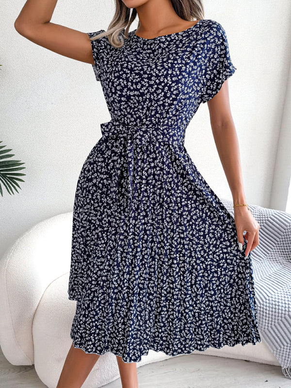 Stilla | Midi Kjole Med Bånd Og Blomsterprint Rund Hals Trapez