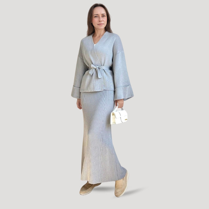 Stilla | Chic Strikket Wrap Strikketrøje Og Nederdel Sæt