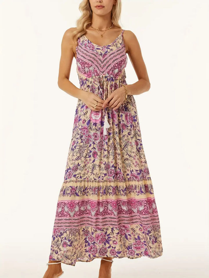 Stilla | Boho Cami Maxi Kjole Blomstermønster, Uden Ærmer, Justerbar Talje Og Svajende Nederdel