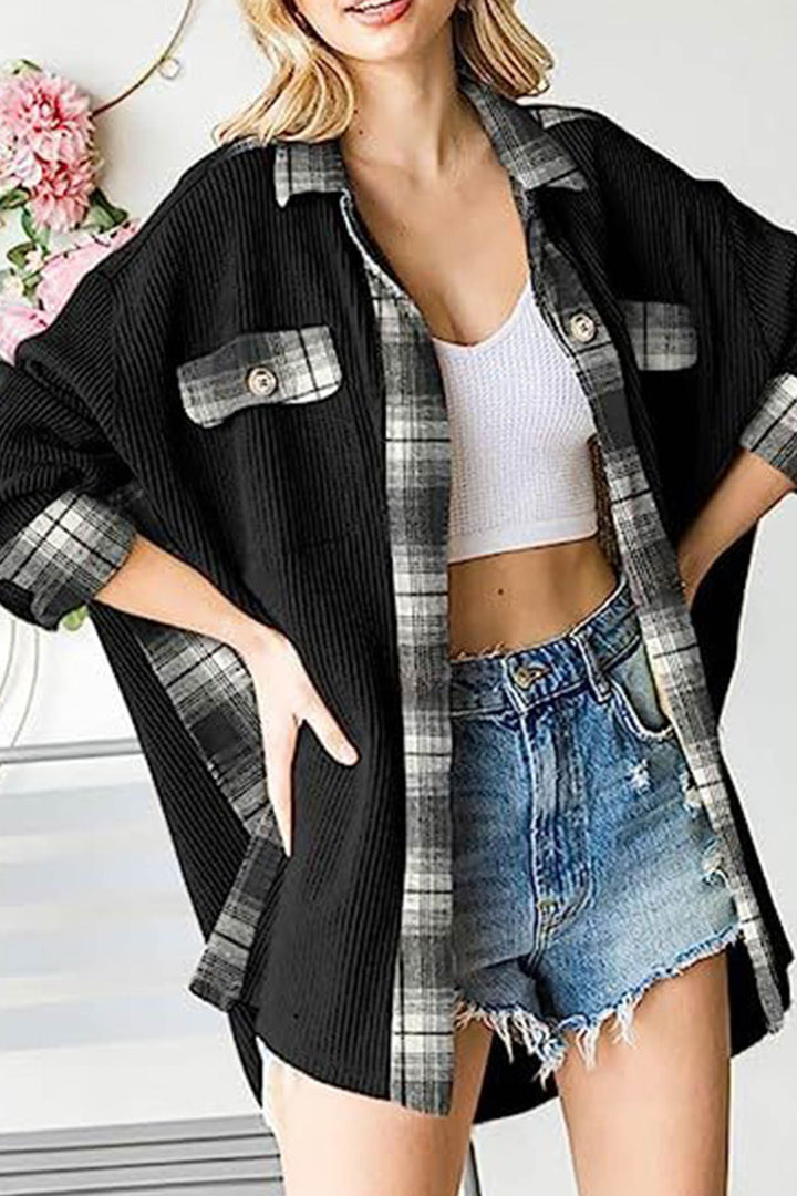 Stilla | Bluse skjorte Patchwork med ternet mønster og uregelmæssige kanter