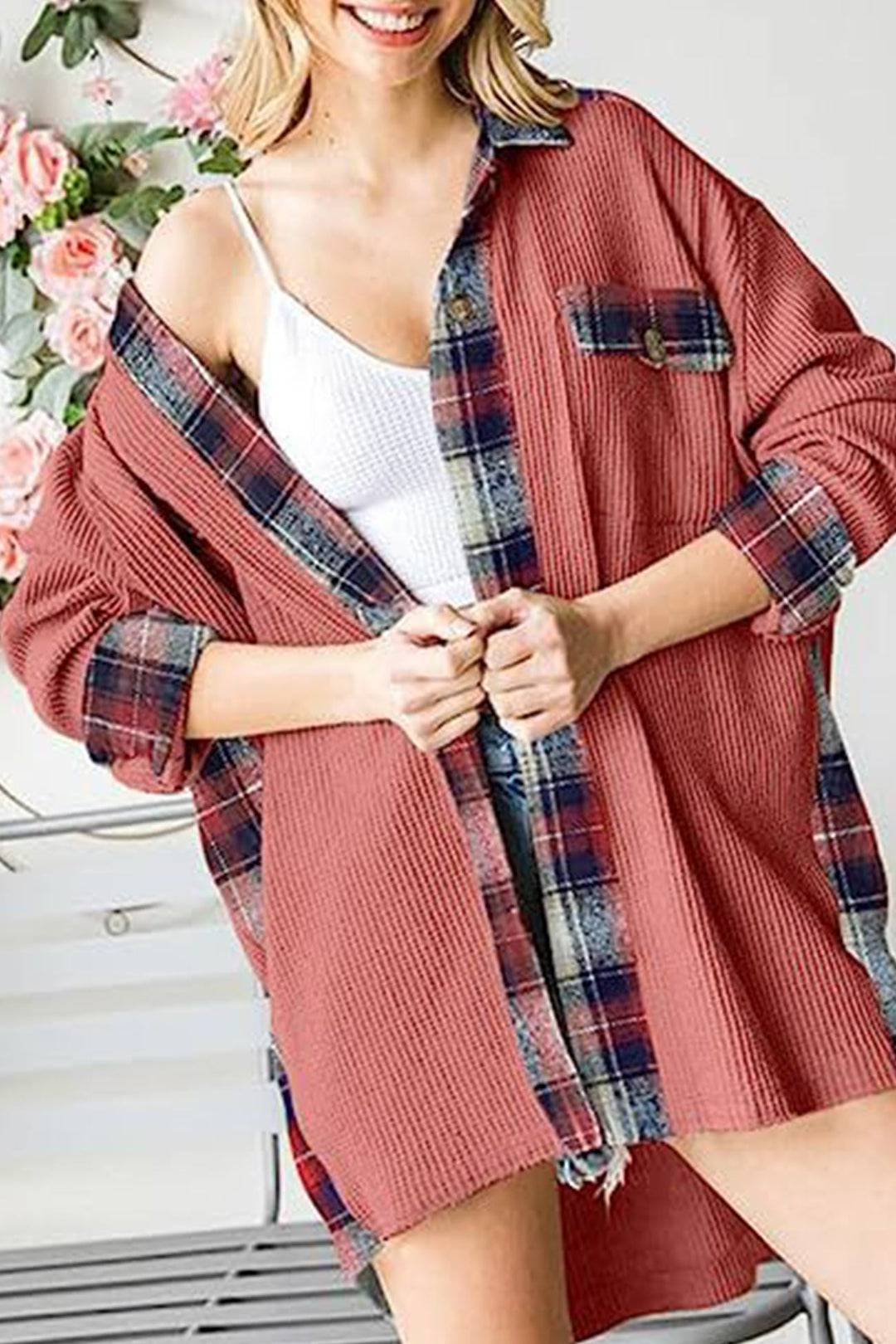Stilla | Bluse skjorte Patchwork med ternet mønster og uregelmæssige kanter