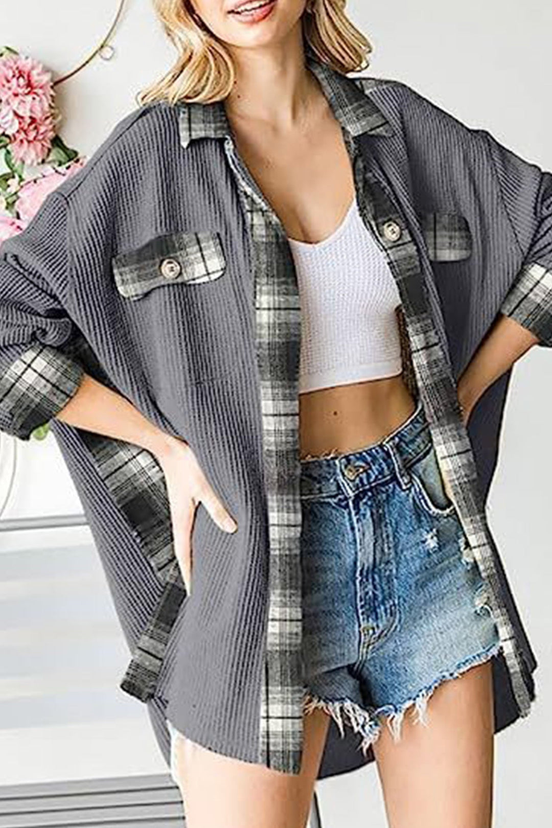 Stilla | Bluse skjorte Patchwork med ternet mønster og uregelmæssige kanter