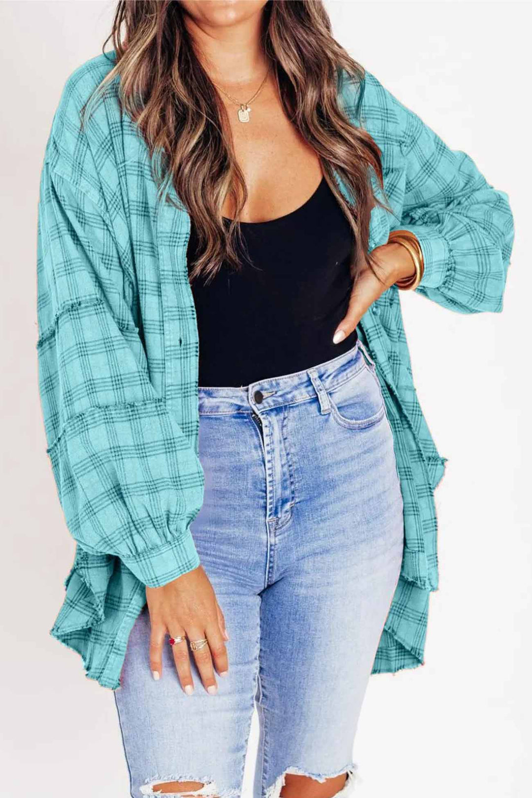 Stilla | Tartan Bluse Med Knapliste, Frynser og Slidskante