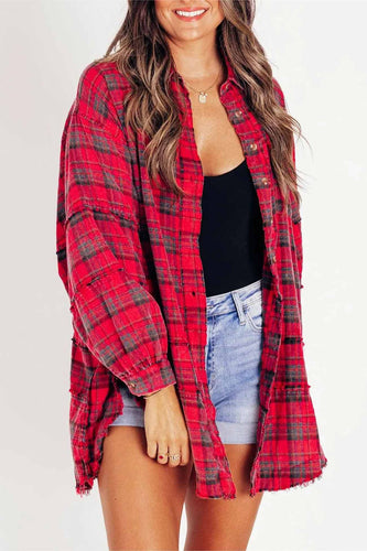Stilla | Tartan Bluse Med Knapliste, Frynser og Slidskante