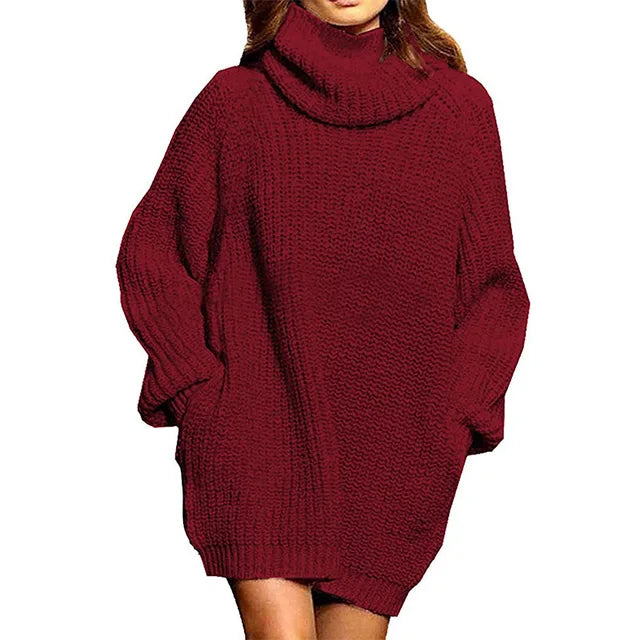 Stilla | Oversized Pullover med Rullekrave i Strik med Lange Ærmer og Lommer