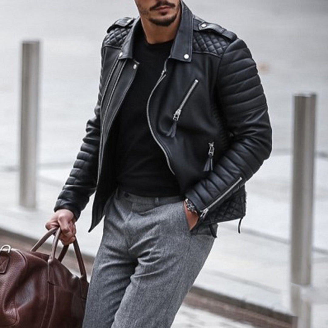 Stilla | Herre læderjakke - biker-stil med quiltet skulder