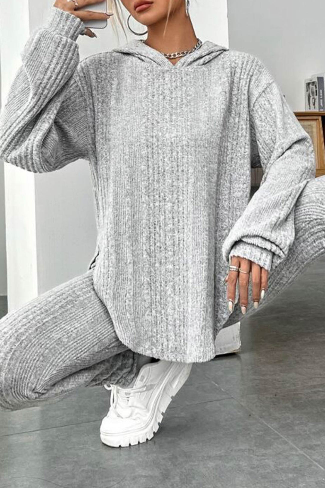 Stilla | Ensemble Leggings med hætte, ribbet split og afrundet kant