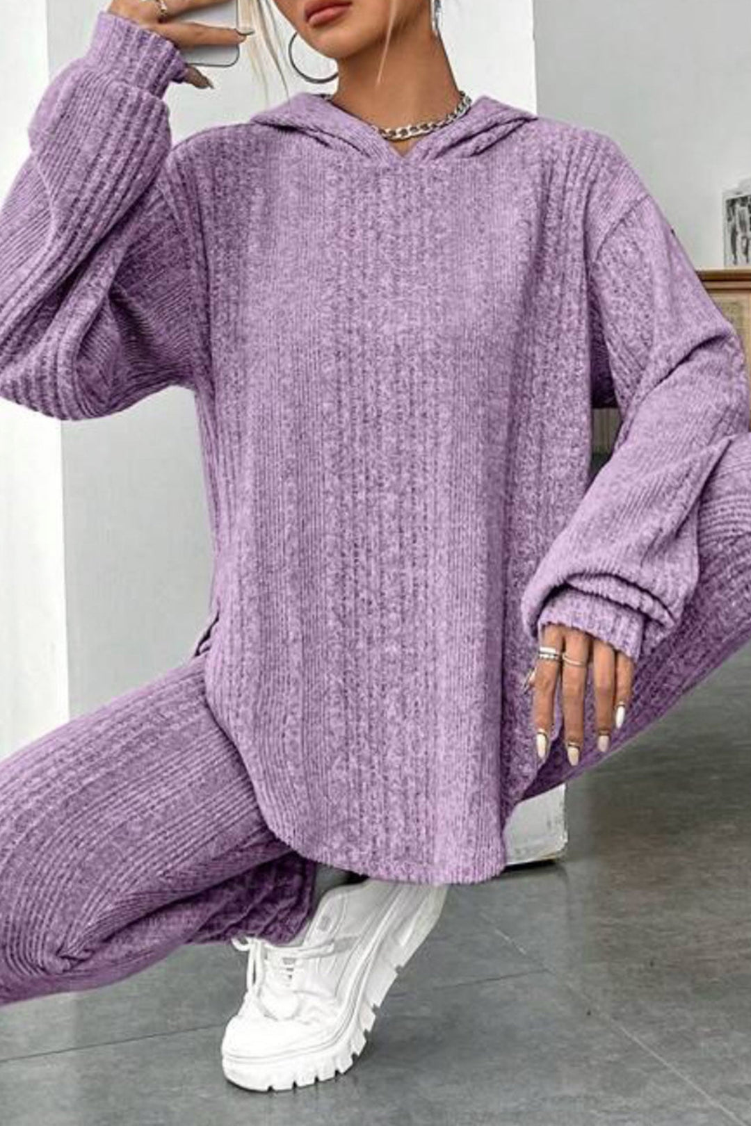 Stilla | Ensemble Leggings med hætte, ribbet split og afrundet kant