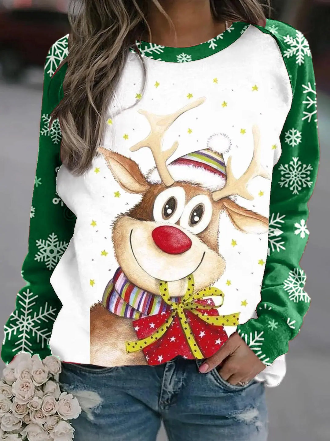 Stilla | Varm Rundhals Pullover Med 3d Printet Jule-reindeer Motiv Til Dame