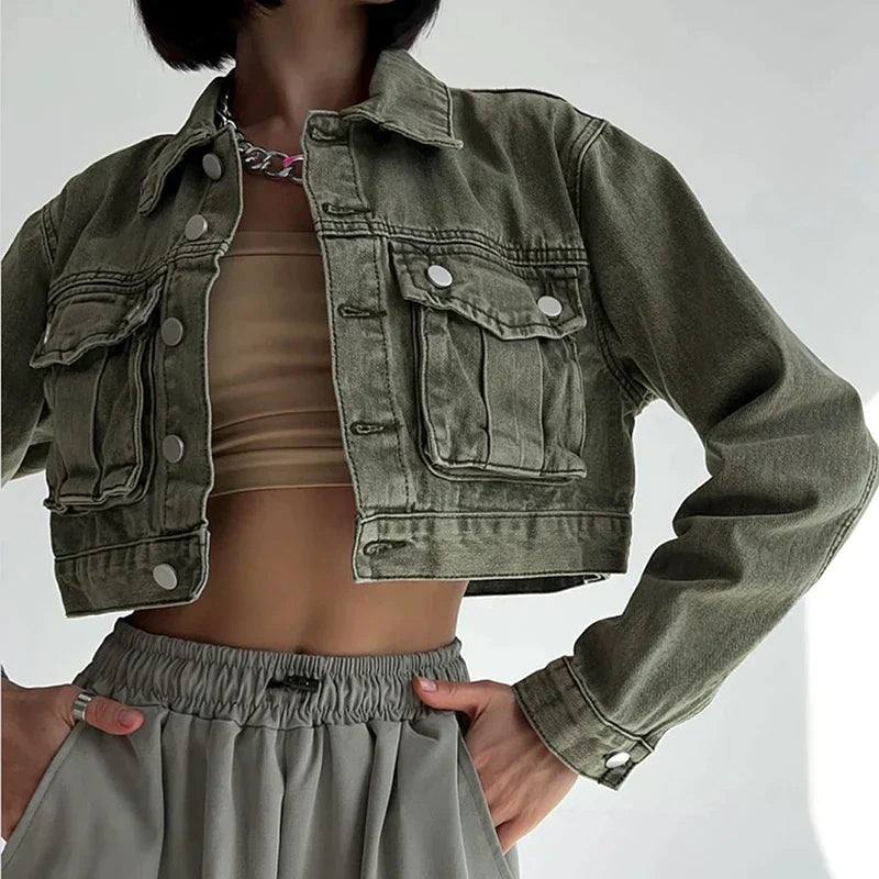 Stilla | Green Cropped Denim Jakke Til Kvinder