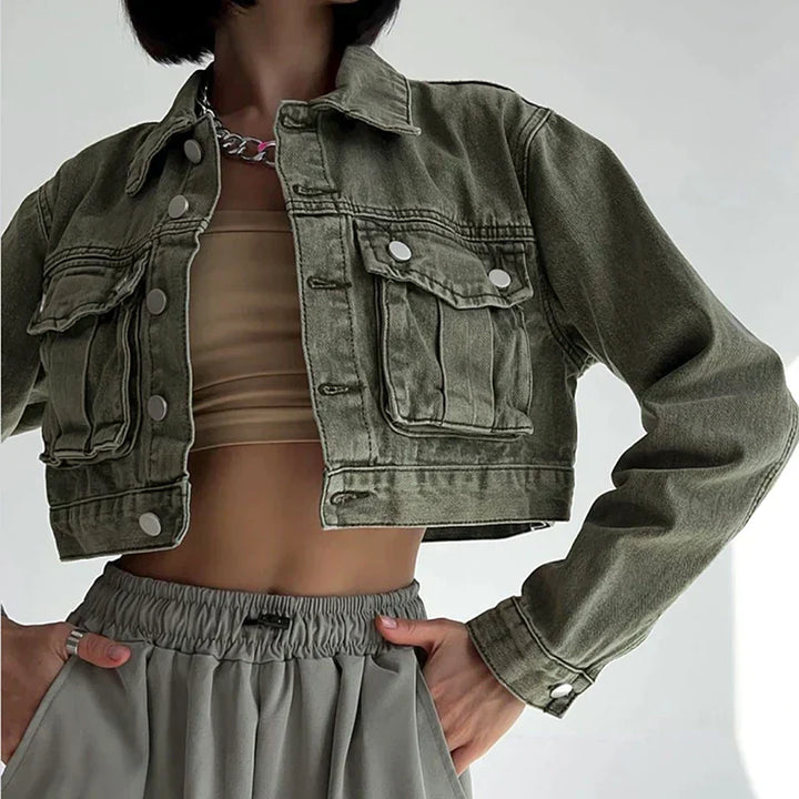 Stilla | Green Cropped Denim Jakke Til Kvinder