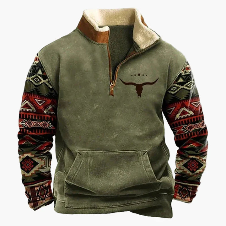 Stilla | Western Stil Pullover med Aztek Mønster og Longhorn Motiv - Komfortabel Fritids Sweater til Udendørs og Hverdag
