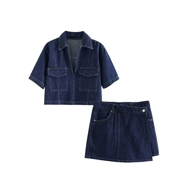 Stilla | 2 Delt Sæt Traf Moderne Slim Fit Denim og Asymmetrisk Nederdel Perfekt Til Afslappet og Semi Formelle Anledninger