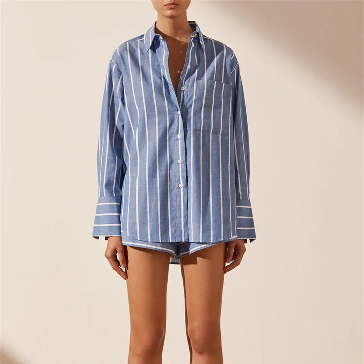 Stilla | Elegant stribet bomulds top og shortssæt