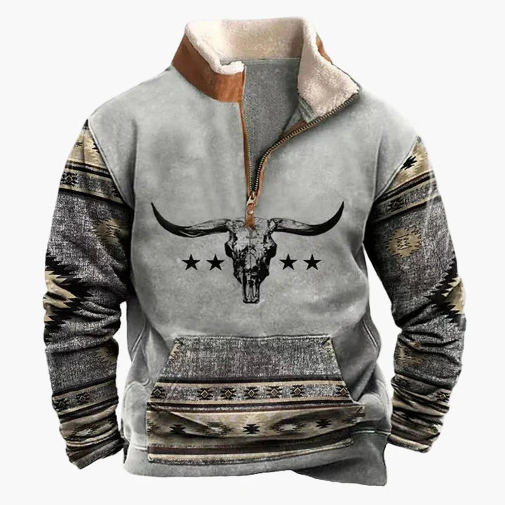 Stilla | Western Stil Pullover med Aztek Mønster og Longhorn Motiv - Komfortabel Fritids Sweater til Udendørs og Hverdag