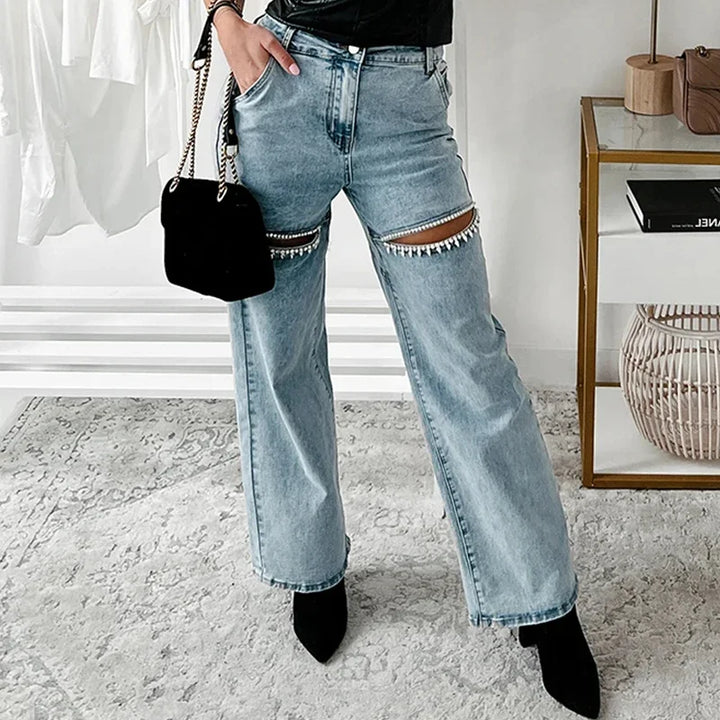 Stilla | Slim Fit Diamond Patchwork Jeansbukser til Kvinder