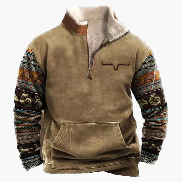 Stilla | Vintage Western Half-Zip Pullover med Etnisk Mønster til Udendørs og Fritid