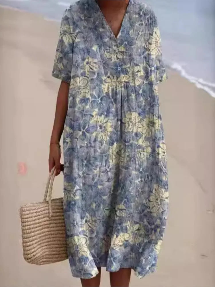 Stilla | Bomulds- og hørkjole med blomsterprint