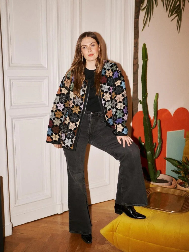 Stilla | Retro Stil Flerfarvet Steppjakke