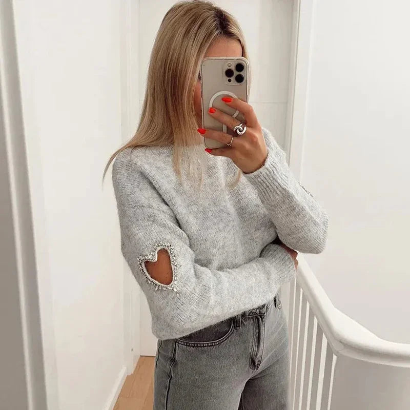 Stilla | Moderigtig hulstrikket pullover med hjerte kærlighed