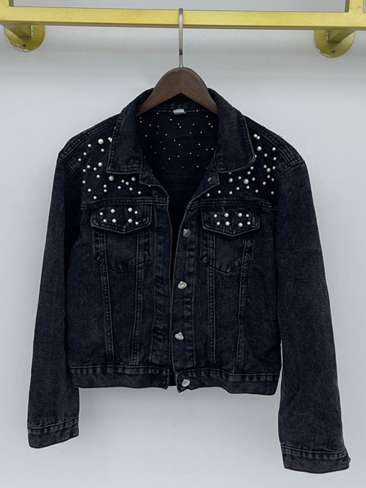 Stilla | Elegant Jeansjakke med Perleudsmykning