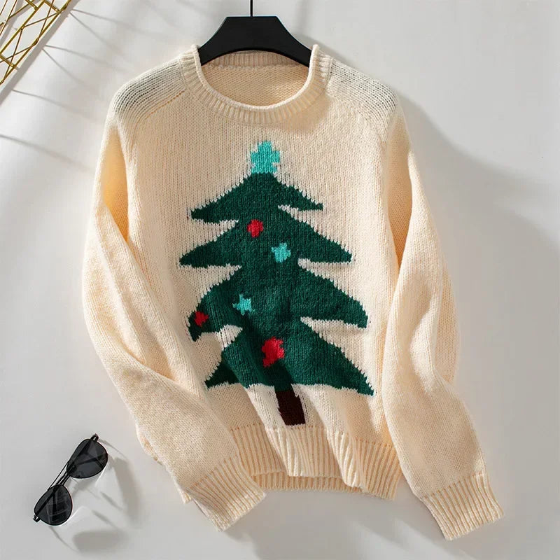 Stilla | Varm Strikket Sweater Med Juletræ Musetryk Til Kvinder